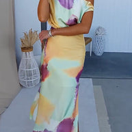 WW | Asymmetrisches Schulter Tailliertes Batik Schlitz Maxikleid