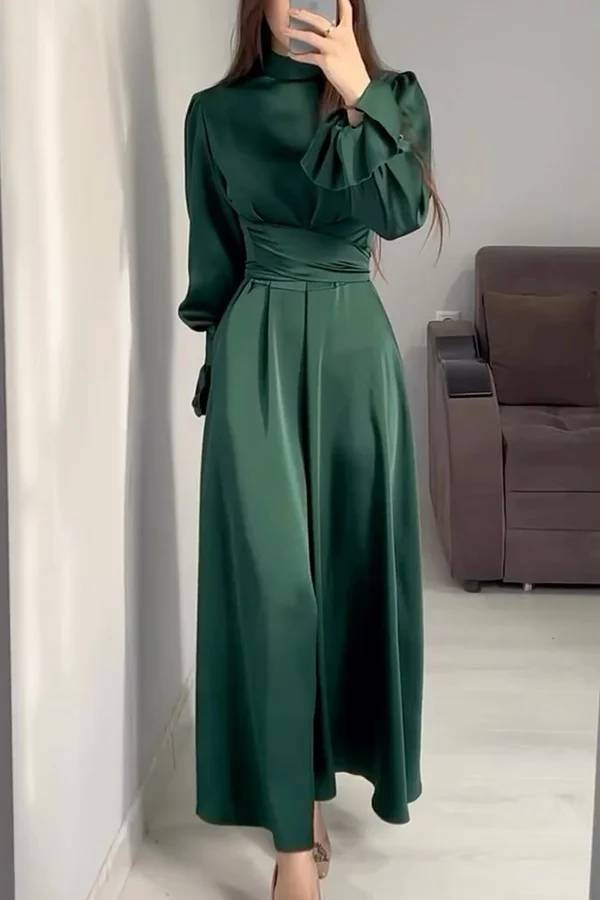 WW | Einfarbiger Rüschensleeve Taillierter Krawatten Slim Fit Maxikleid