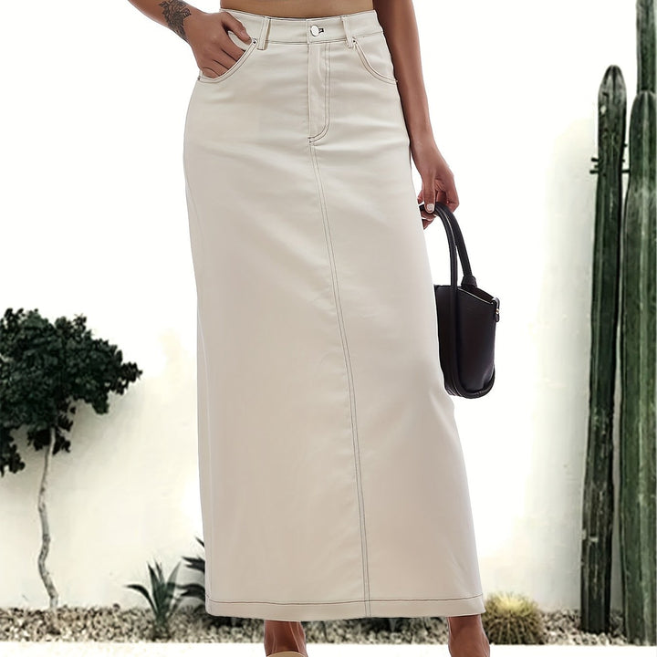 W&W Mode | Einfarbiger Weißer Schlitz Hinten Lässig Maxi Denim Rock