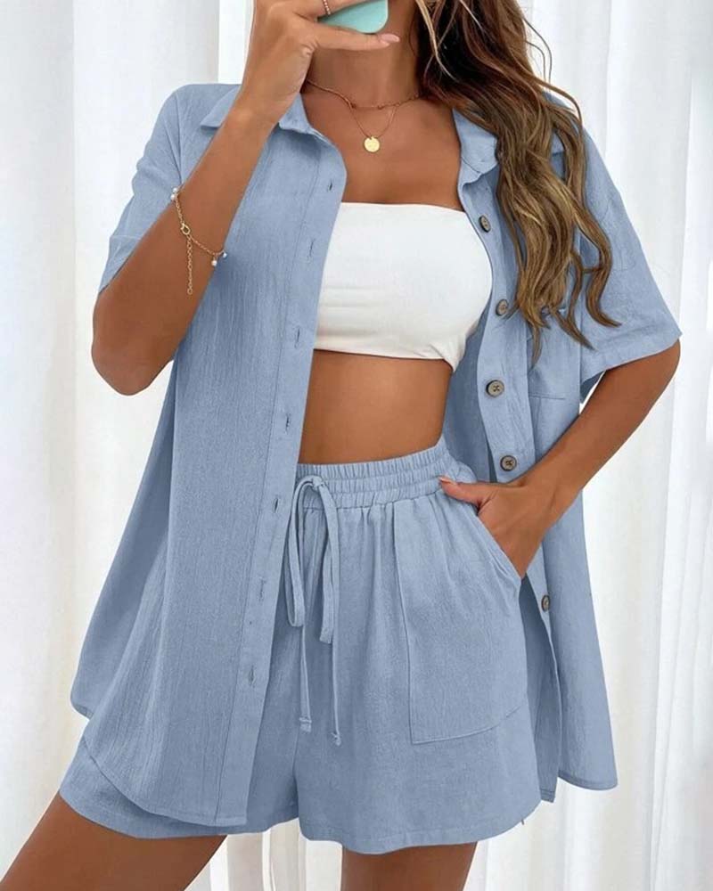 WW | Lässiges Set aus Einfarbigem Hemd und Shorts