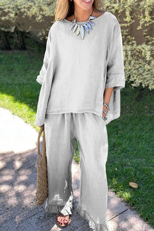 WW | Rosiedress Baumwolle Leinen 3/4 Ärmel Pullover Top Weite Hose Rüschen Saum Set