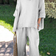 WW | Rosiedress Baumwolle Leinen 3/4 Ärmel Pullover Top Weite Hose Rüschen Saum Set