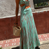 WW | Rosiedress V-Ausschnitt ärmellos Cut Out Taille Seitenschlitz Batik Maxi Kleid