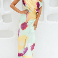 WW | Asymmetrisches Schulter Tailliertes Batik Schlitz Maxikleid