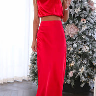 WW | Rosiedress Rollkragen ärmelloses Cropped Top Hochtaillierter Maxirock Satin Set