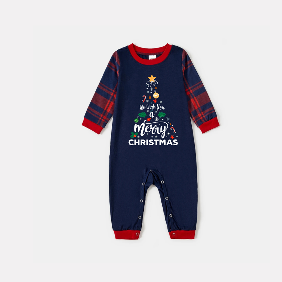 WW | "We Wish You a Merry Christmas" Bedrucktes Blau Langarmshirt Mit Blau & Rotem Karomuster Familie Passende Pyjamas