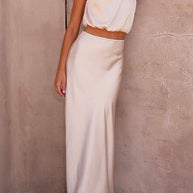 WW | Rosiedress Rollkragen ärmelloses Cropped Top Hochtaillierter Maxirock Satin Set