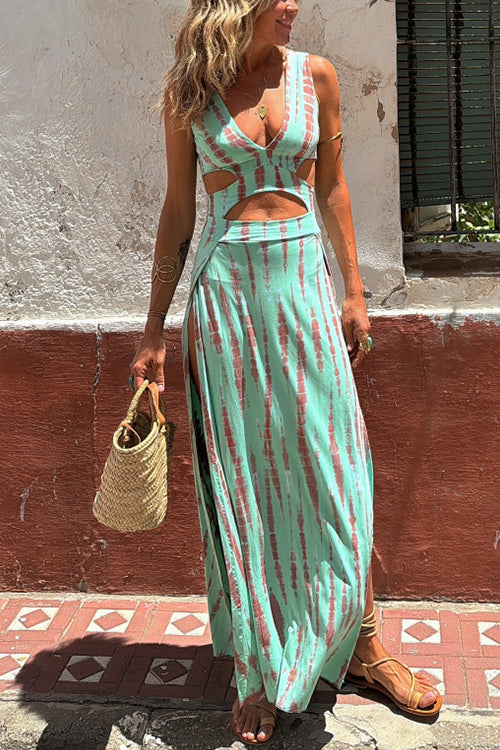 WW | Rosiedress V-Ausschnitt ärmellos Cut Out Taille Seitenschlitz Batik Maxi Kleid