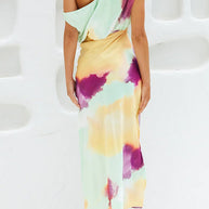 WW | Asymmetrisches Schulter Tailliertes Batik Schlitz Maxikleid