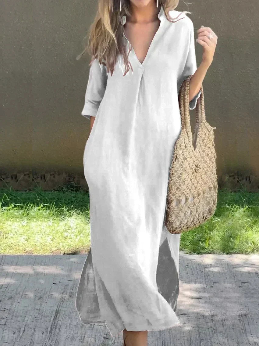 W&W Mode | Schlichte Leinenkleid mit V-Ausschnitt und Tasche