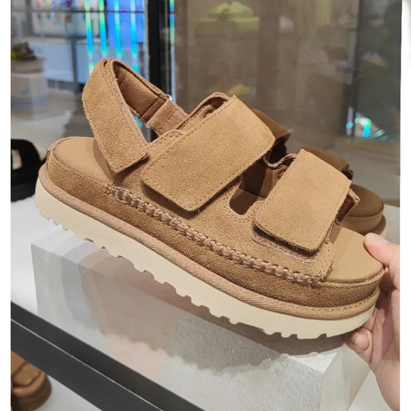 WW | Frühling und Sommer Neue Echtes Leder Dicke Sohle Riemen Klettsandalen Frauen Offene Zehe Höhensteigerung