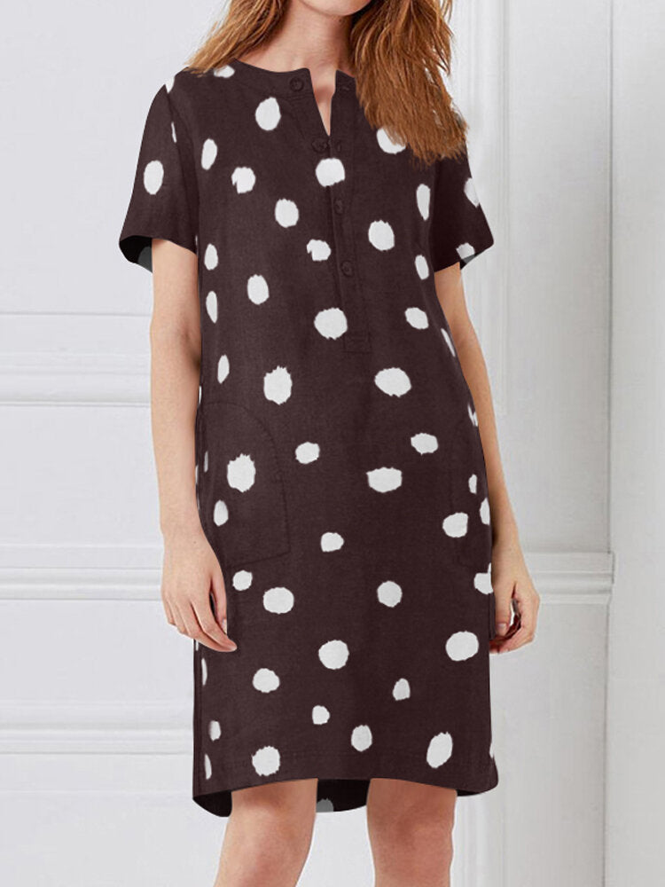 WW | Punkt Druck Baumwolle Knöpfe Taschen Frauen Midi Kleid