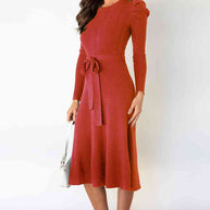 WW | Rundhalsausschnitt Langarm Knoten Taille Pullover Kleid