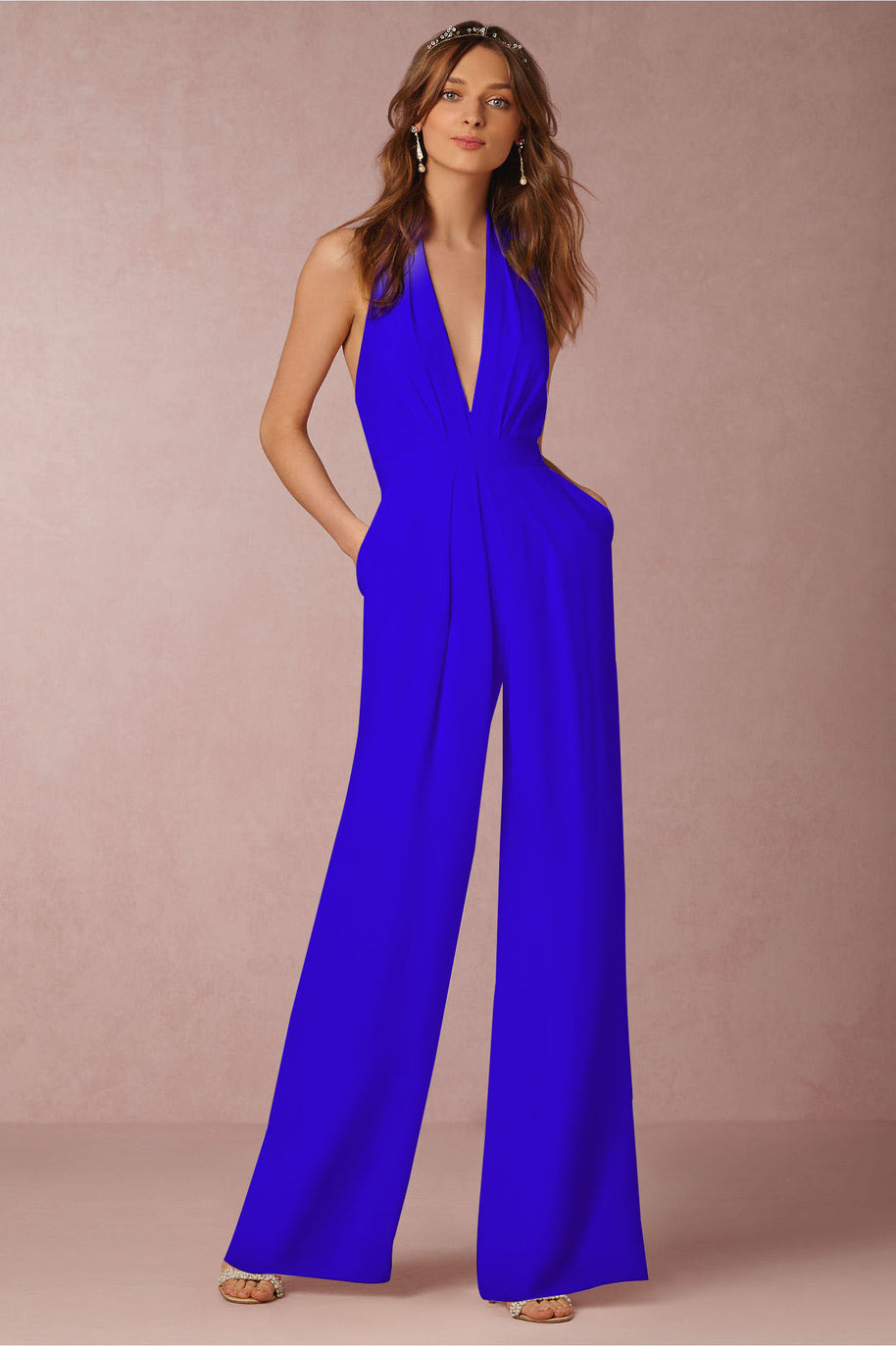 Damen schulterfreier Jumpsuit mit elegantem Rückenausschnitt und weitem Bein WW