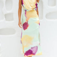 WW | Asymmetrisches Schulter Tailliertes Batik Schlitz Maxikleid