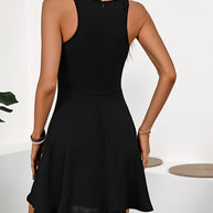 WW | Einfarbiges Schwarzes Volant Saum Lässiges Mini Kleid