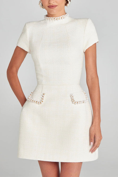 Damen Tweed-Minikleid mit Rollkragen, Perlenbesatz und tailliertem Schnitt