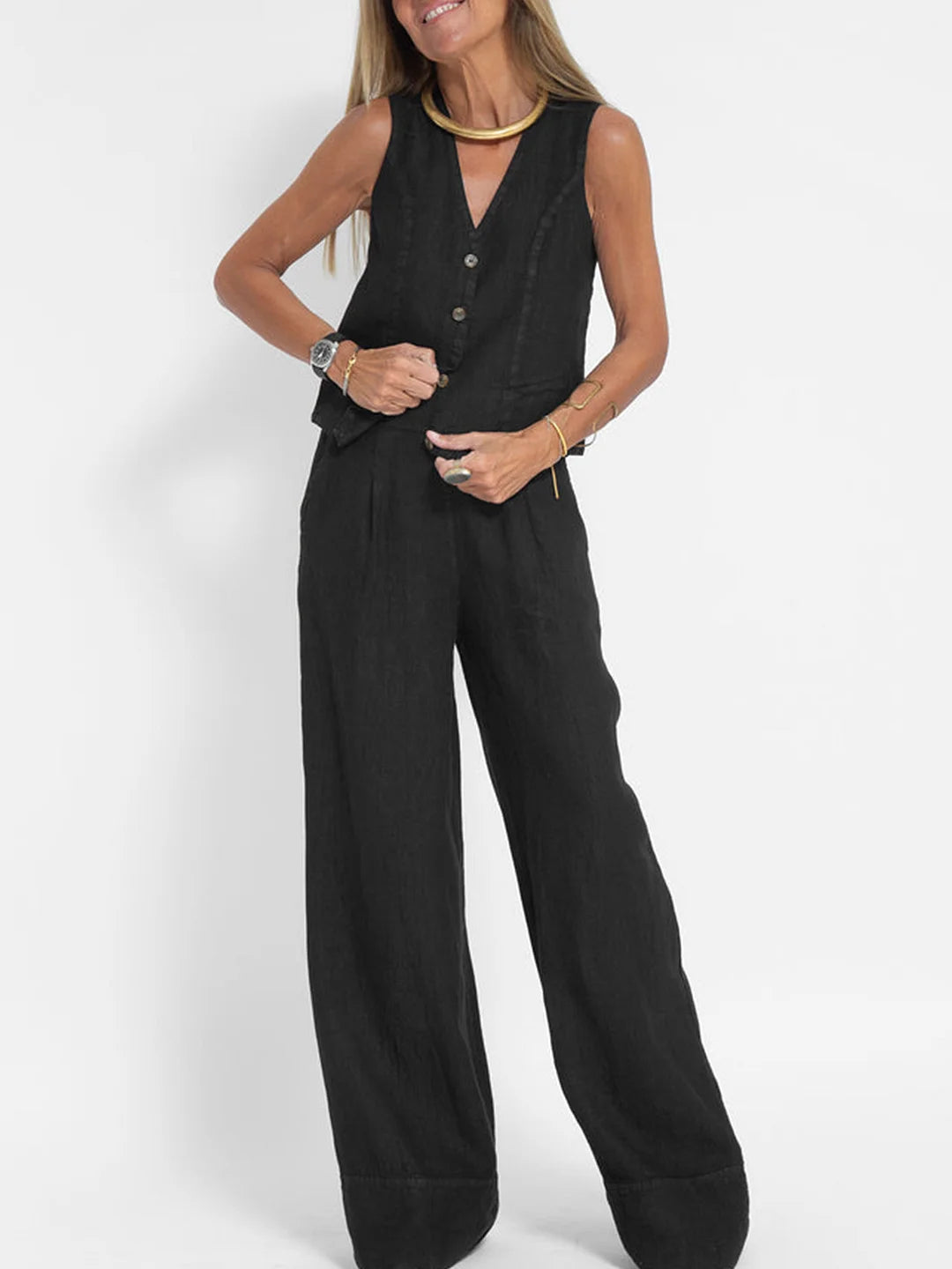WW | Knopf-Weste & Weit Geschnittene Hose Set