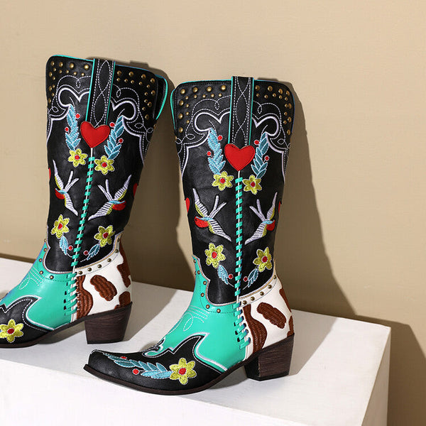 WW | Denim Western Schuhe Damen Leder Stiefel Fantastische Stickerei