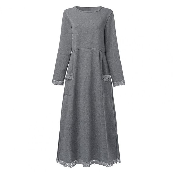Damen Maxikleid mit langen Ärmeln, Seitentaschen und Schlitzsaum