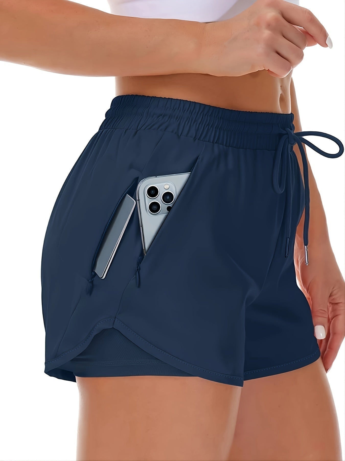 WW | Sportliche 2 in 1 Lauf Fitnessshorts in Einfarbig Mit Mehreren Taschen