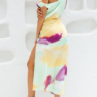 WW | Asymmetrisches Schulter Tailliertes Batik Schlitz Maxikleid