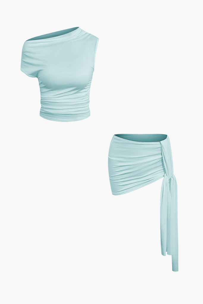 WW | Asymmetrisches Gerüschtes Crop Top & Krawatten Mini Rock Satz