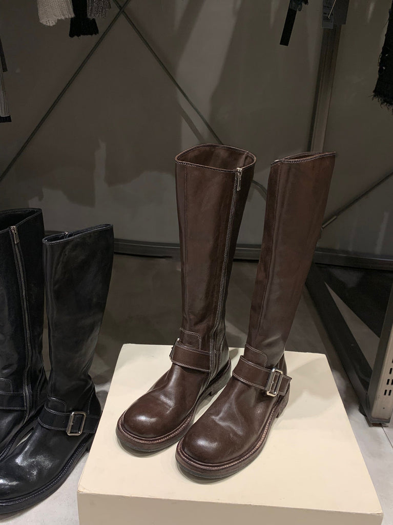 WW | Gewaschenes Leder Rund Bis Oben Chunky Heel Mittelhohe Stiefel Frauen