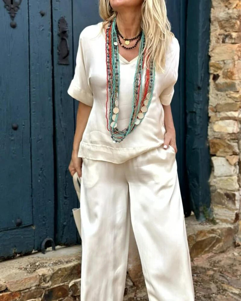 W&W Mode | Himmelweiße Bluse und Hosen-Set mit eleganter Ausstrahlung