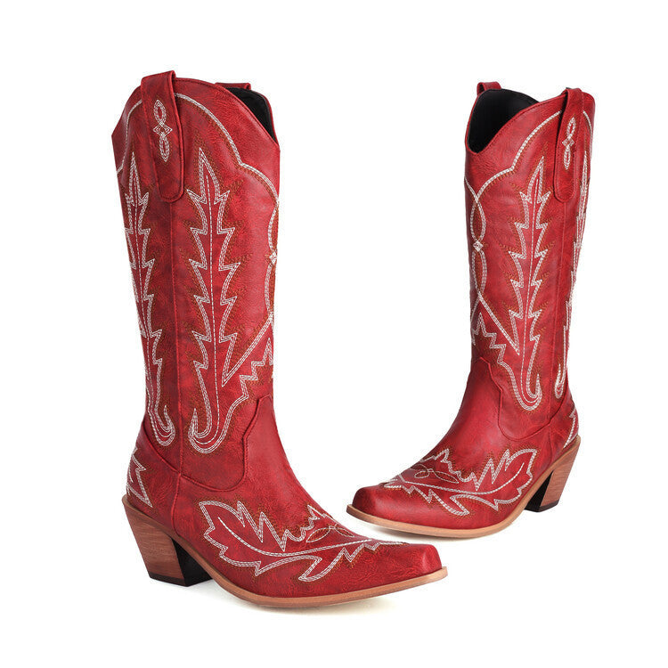 WW | Bestickte Lange Kniehohe Stiefel Spitz Zehe Chunky Absatz Hoher Absatz