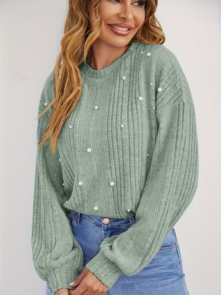 WW | Gerippter Pullover mit Rundhalsausschnitt und Perlen-Dekoration