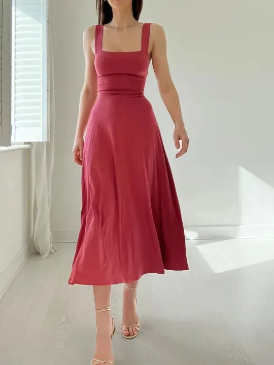 Damen Midikleid mit breiten Trägern, quadratischem Ausschnitt und Korsett-Taille