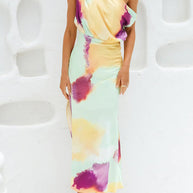 WW | Asymmetrisches Schulter Tailliertes Batik Schlitz Maxikleid