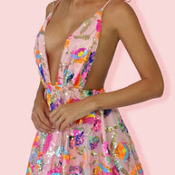 WW | V-Ausschnitt Offene Rücken Pailletten Blumen Binde A-Linie Mini Kleid