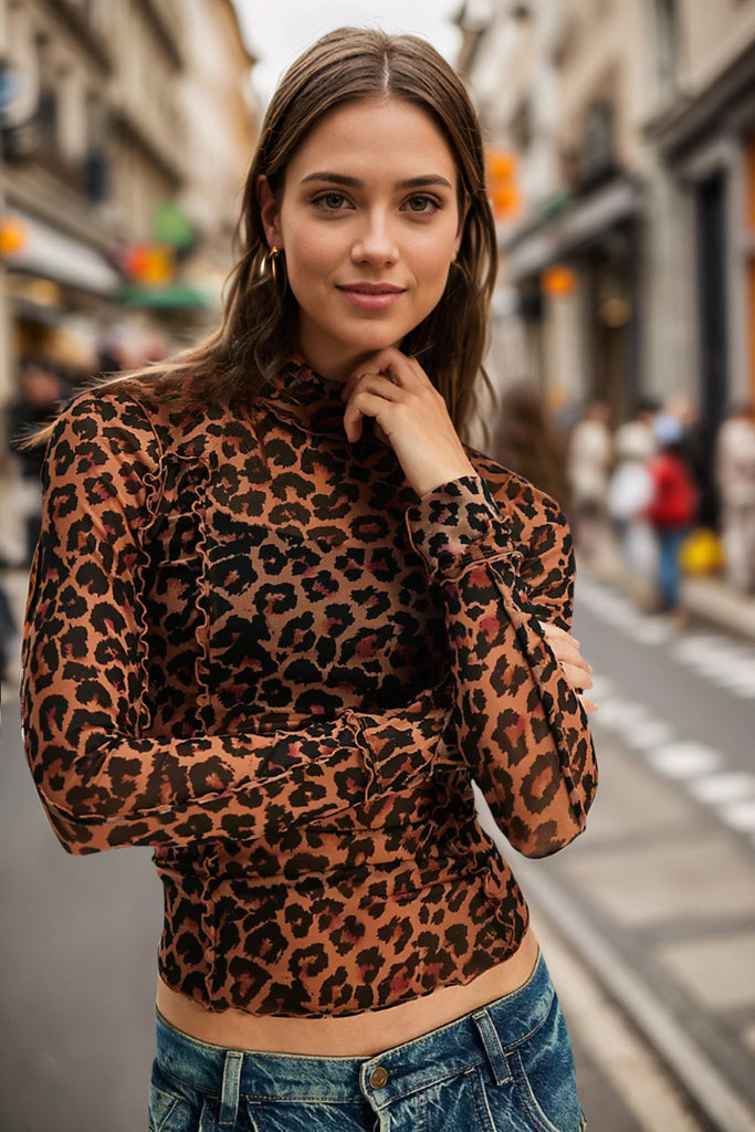 WW | Oh Vollgröße Rüsche Gedruckt Mock Neck Langarm Top