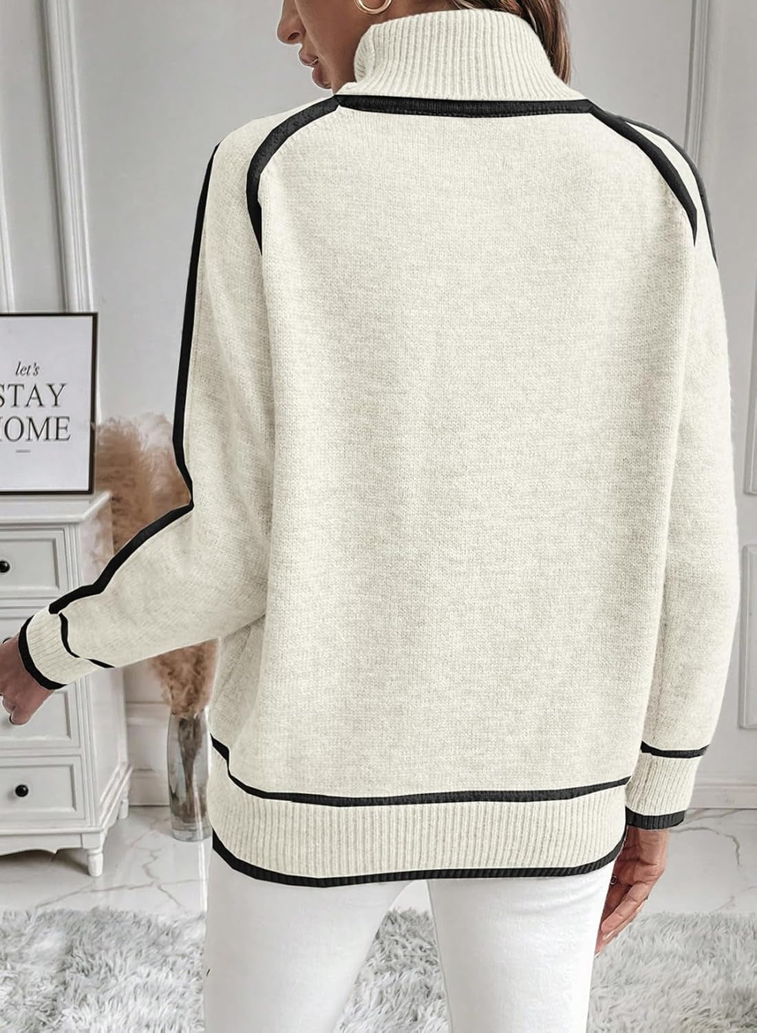 WW | Damen Rollkragenpullover mit kontrastierenden Nähten - lässiger Oversized-Pullover