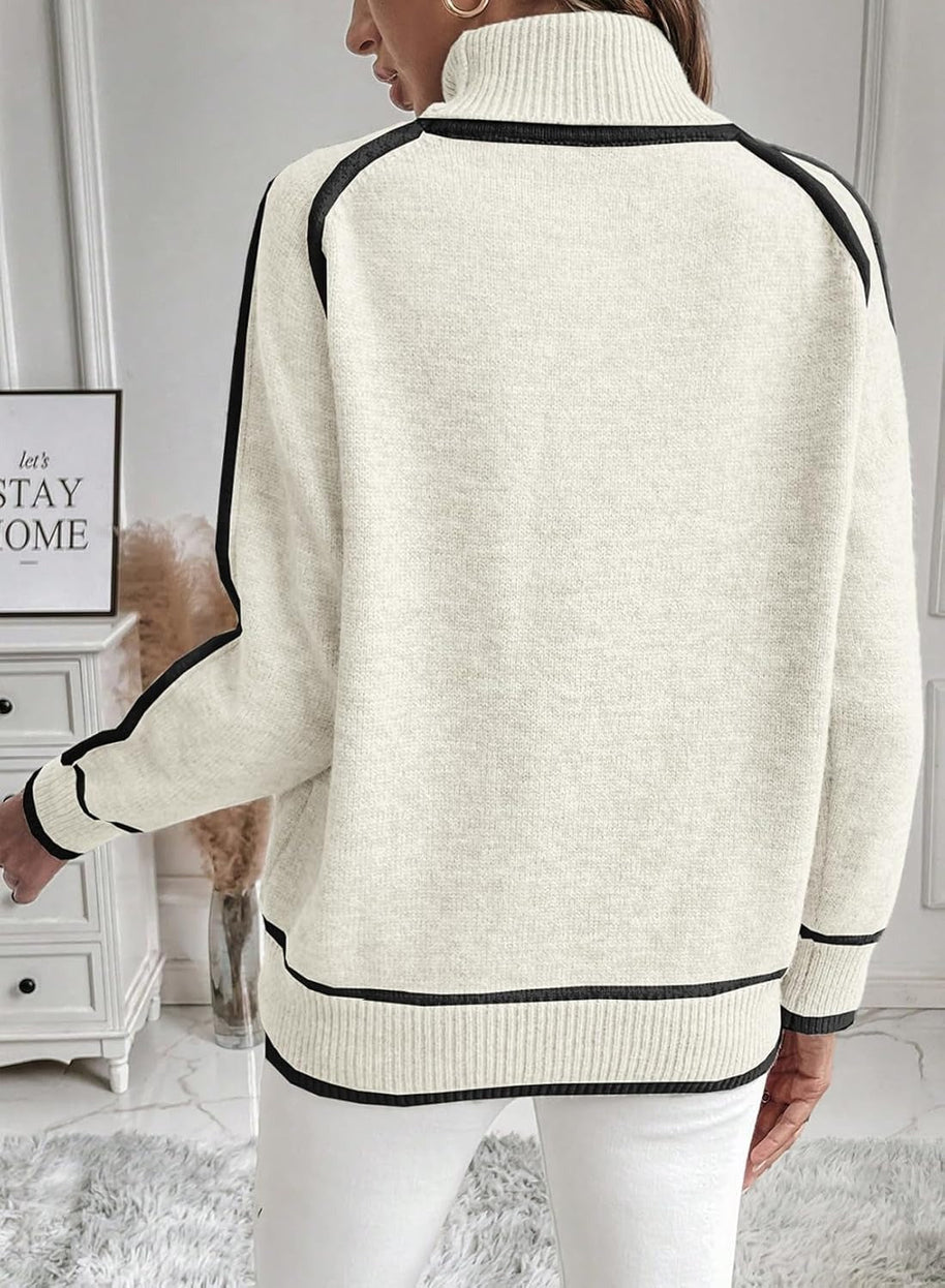 WW | Damen Rollkragenpullover mit kontrastierenden Nähten - lässiger Oversized-Pullover