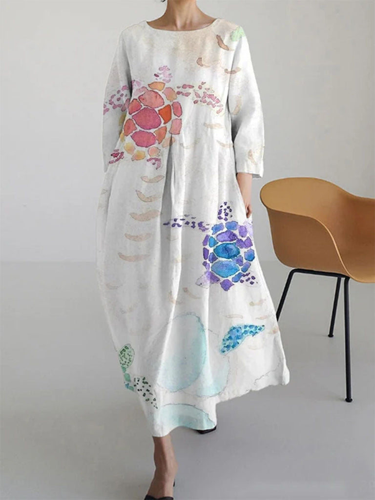 WW | 3d Baumwolle Und Leinen Kleid Mit Halbem Ärmel