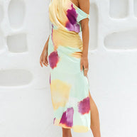 WW | Asymmetrisches Schulter Tailliertes Batik Schlitz Maxikleid