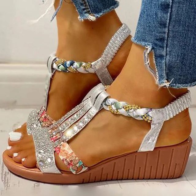 WW | Elegante Sandalen Mit Keilabsatz Und Strass Details Für Damen