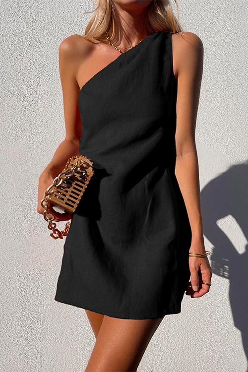 WW | Rosiedress Ein Schulter Solide Baumwolle Leinen Mini Kleid