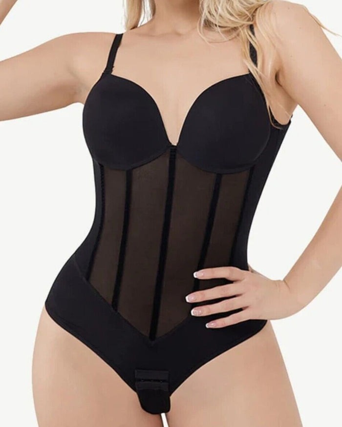 Damen Bauch Kontrolle Tanga schiere Mesh Korsett Top rückenfrei Bodysuit