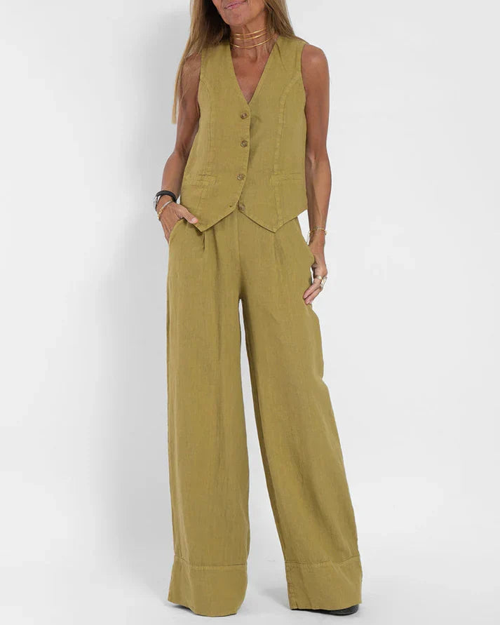 W&W Mode | Elegantes 2 Teiliges Satz Aus Weiter Leinenhose Und Weste