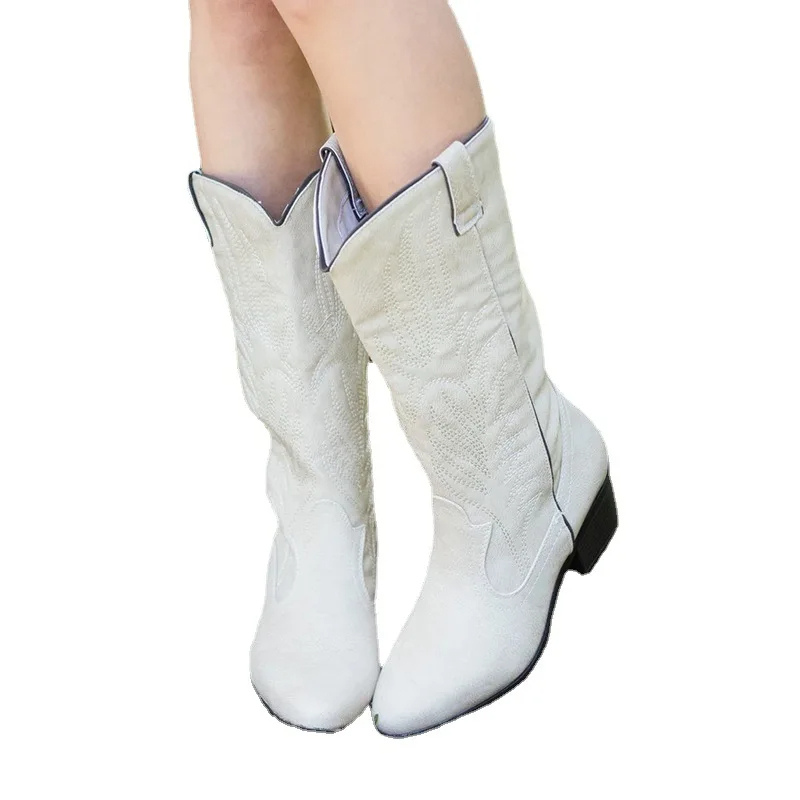 W&W Mode | Wildleder Knöchelhohe Stiefel mit Blockabsatz Cowboy Stiefel Damen
