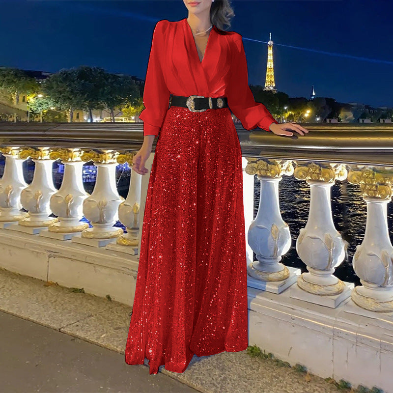 W&W Mode | Eleganter Schnitt - Weitbeiniger Pailletten-Jumpsuit