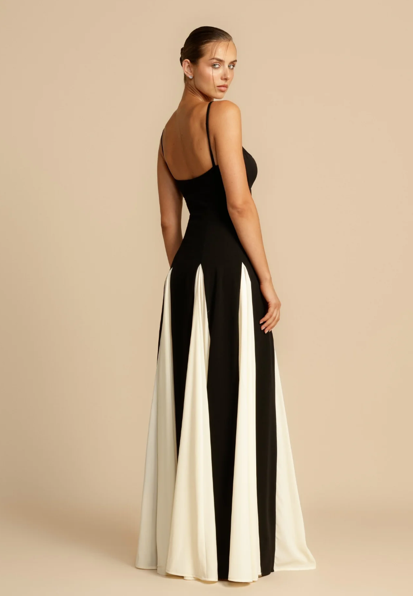 WW | Elegantes zweifarbiges Spaghettiträger-Maxikleid für Damen