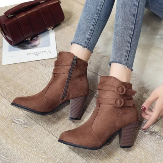 W&W Mode | Damen Wildleder Ankle Boots mit Doppelsteckverschluss, Hohem Blockabsatz, Reißverschluss