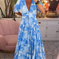 WW Kleid | Trendiges langes Blumenkleid mit V-Ausschnitt und kurzen Ärmeln für Damen