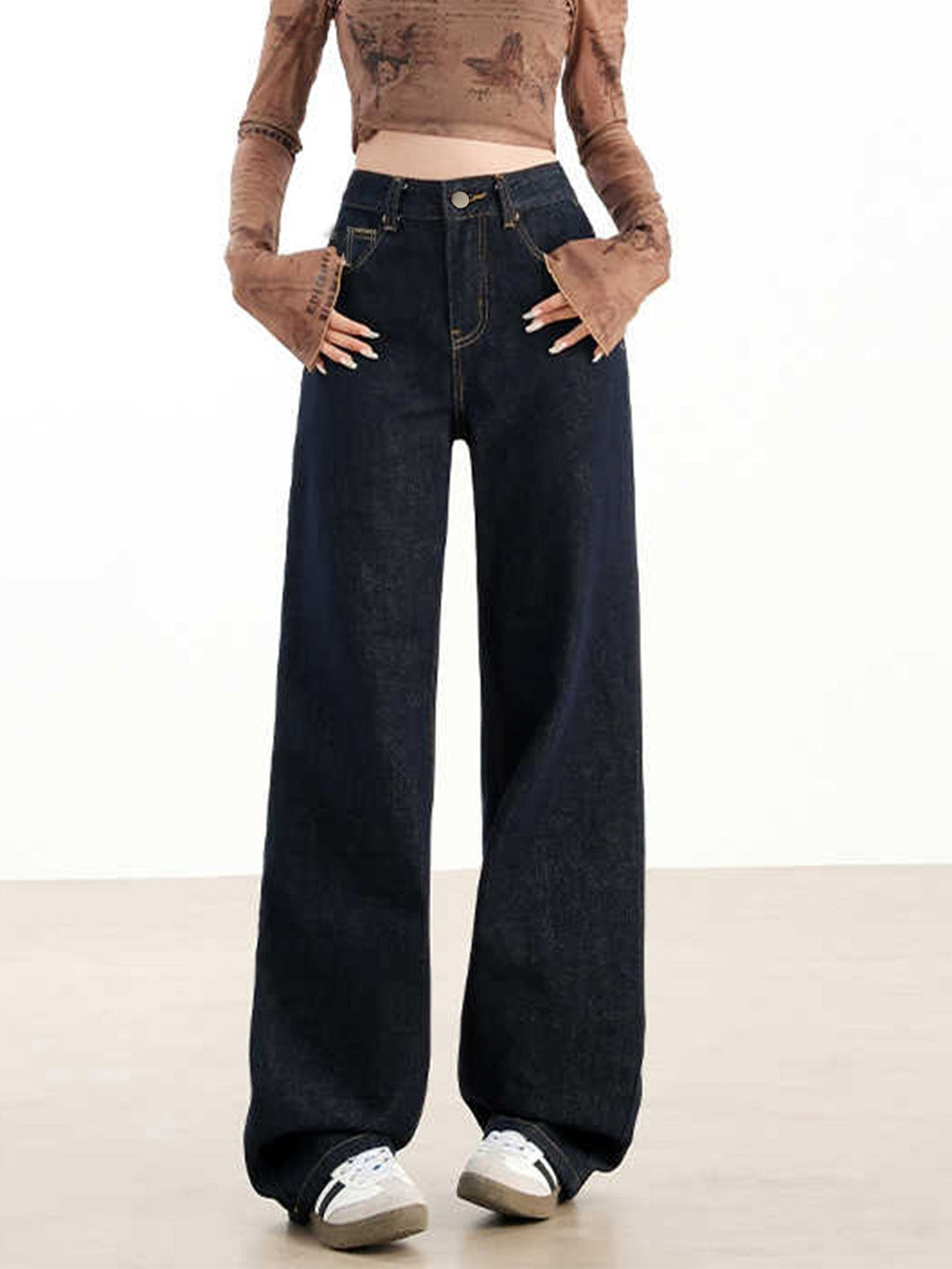 W&W Mode | Lockere Dunkle Hohe Taillen Bodenlange Denim Hose