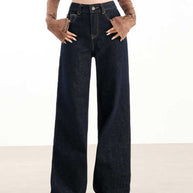 WW | Lockere Dunkle Hohe Taillen Bodenlange Denim Hose